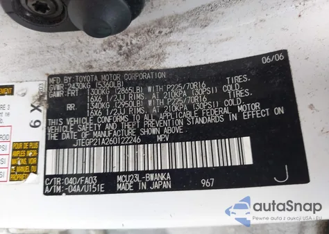 2006 Toyota Highlander V6 z USA, uszkodzony, nr VIN JTEGP21A260122246